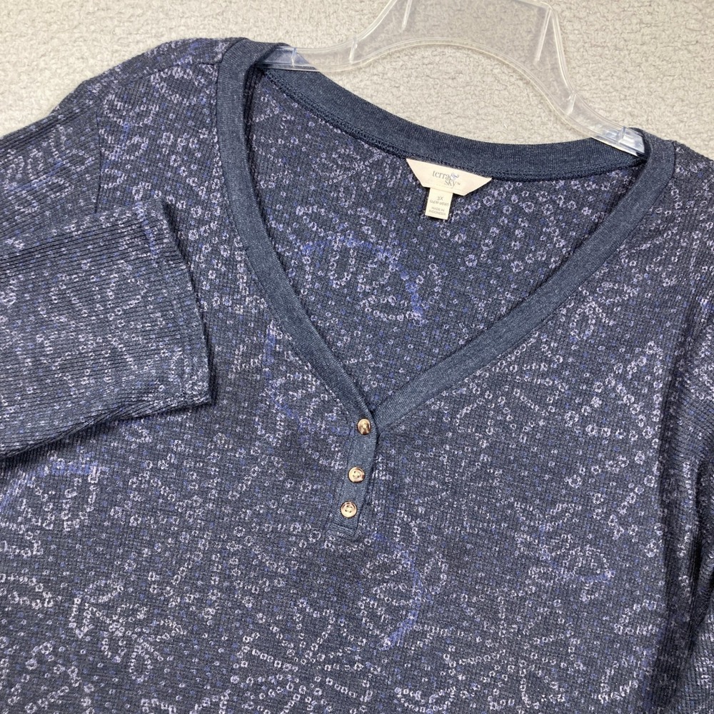 Terra & Sky Thermal Henley‎ Top Women 3X Blue Floral Waffle Knit Long Sleeve